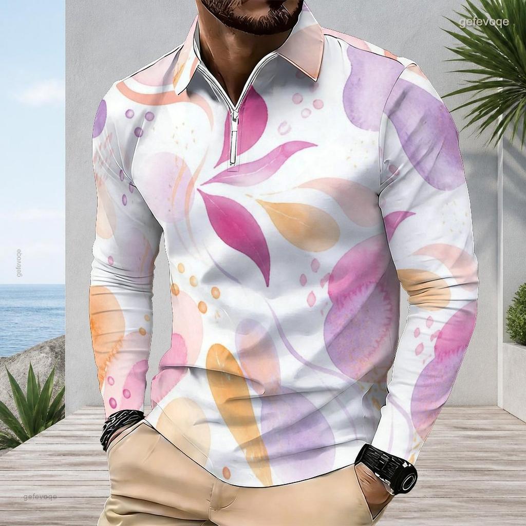 Men s Plus Size Long Sleeve Quarter Zip Polo Shirt Abstract Striped Printed Deep Teal
