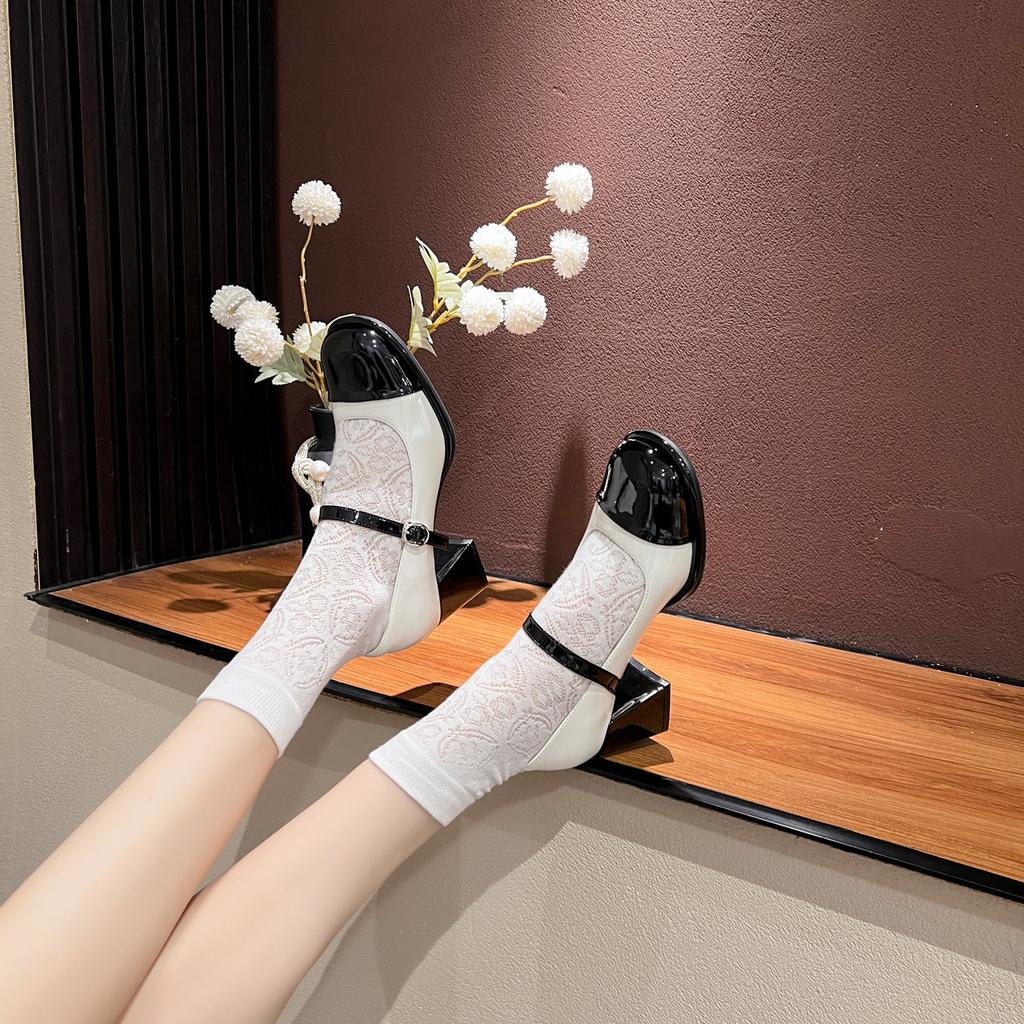 Mary Jane Women'S Shoes Black And White Color Matching Round Head Thick Heel Single Shoes With Skirt One-Word Heel Shoes