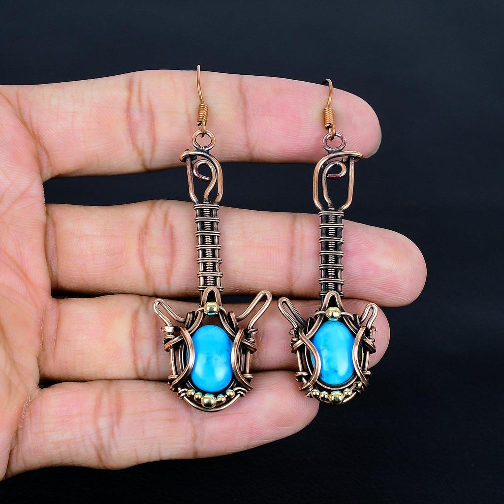 Sleeping Beauty Turquoise Earrings, 999 Copper Wire Wrapped Gemstone Jewelry, Handmade Earrings, For Thanksgiving