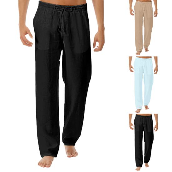 Yoga Pants Drawstring Mid Rise Men Solid Color Wide Leg Trousers Slacks for Sports