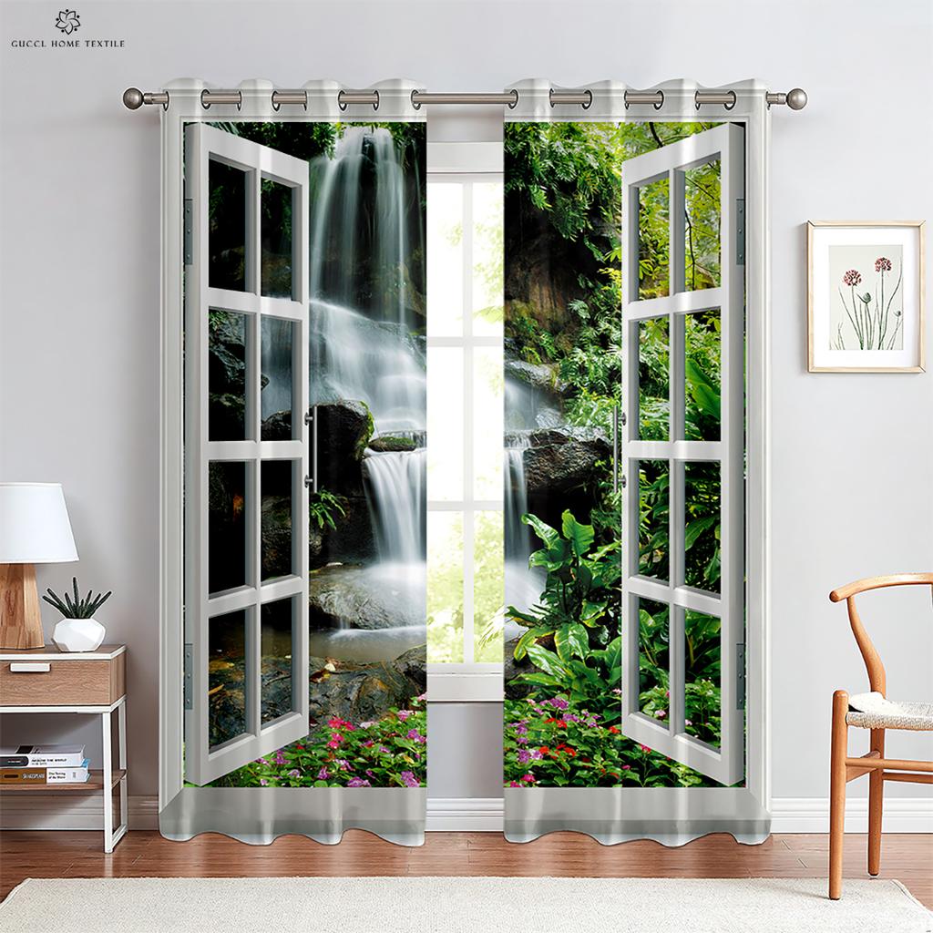 Real Effect 3D Printed Curtains, Curtains with Seaside Scenery, Blue Sky Pattern, Outside the Window Window Decoration