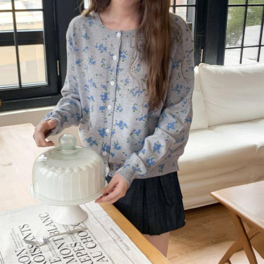 New Arrivals Open Run Women Floral Pattern Round Neck Long Sleeve Knit Cardigan