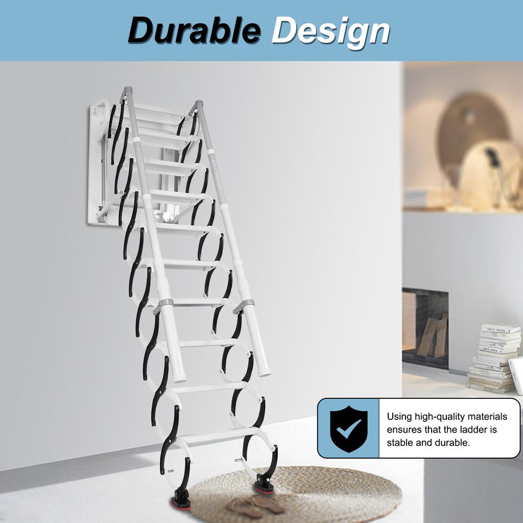 Wall-Mounted Telescopic Stairs W/ Handrails Folding Attic Stairs Retractable Loft Ladder for Indoor Outdoor/Storehouse/Basement