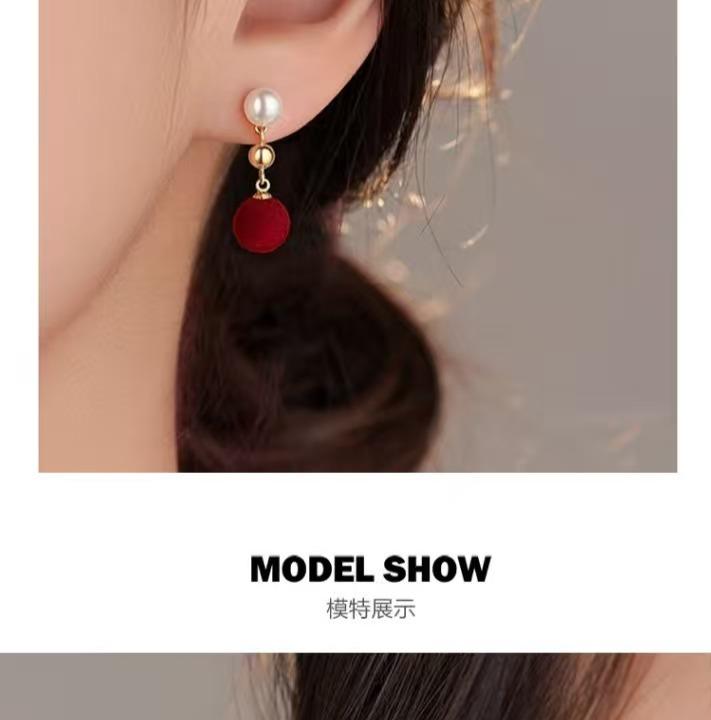 999yi Silver Needle Ear Hole New Red Velvet Ball Tassel Earnail Women's Retro Life Horse Year Earrings