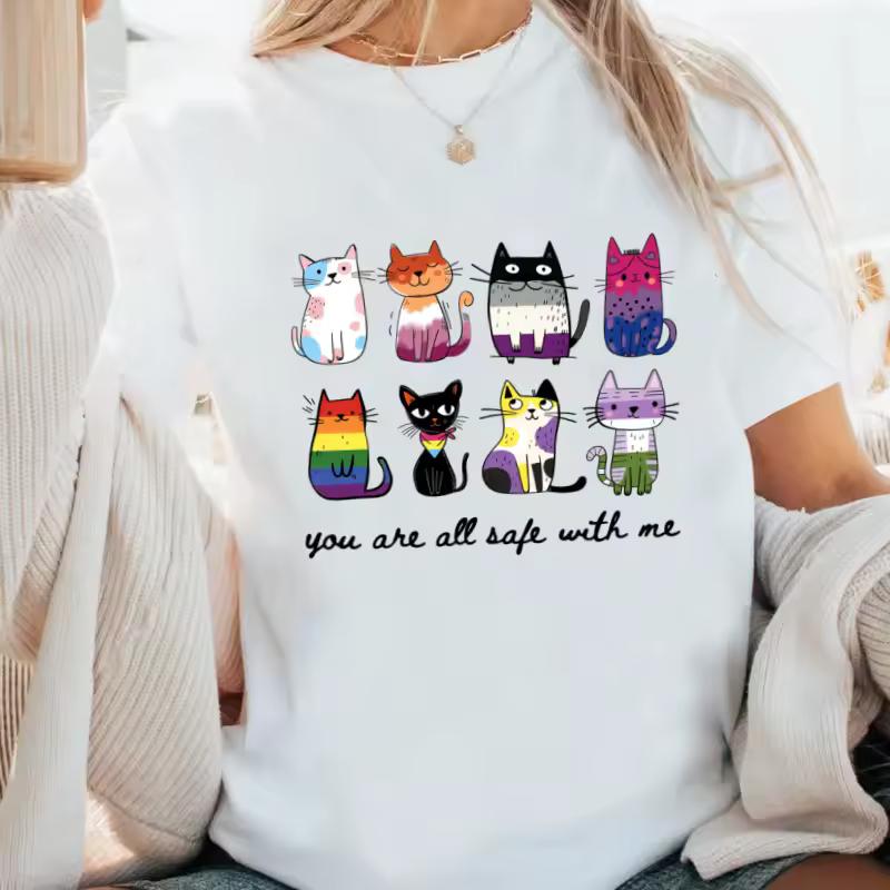 LGBTQ Pride Cats T Shirt Men Women Rainbow Ally Tee You Are All Safe with Me Cotton Short Sleeve Round Neck Tees Clothes