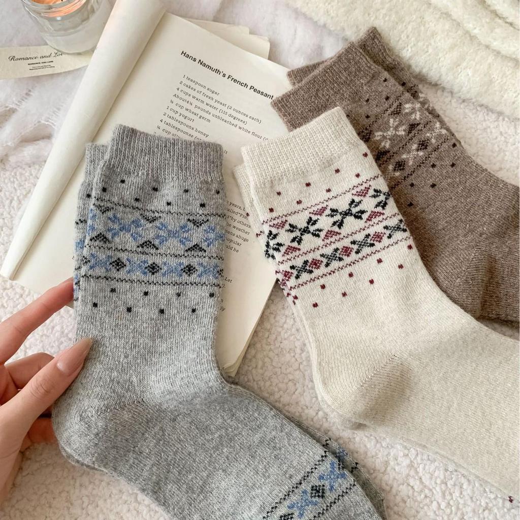 Носки из шерсти с оленями в стиле Fair Isle - Теплые до середины икры в японском стиле с бантом для осени и зимы