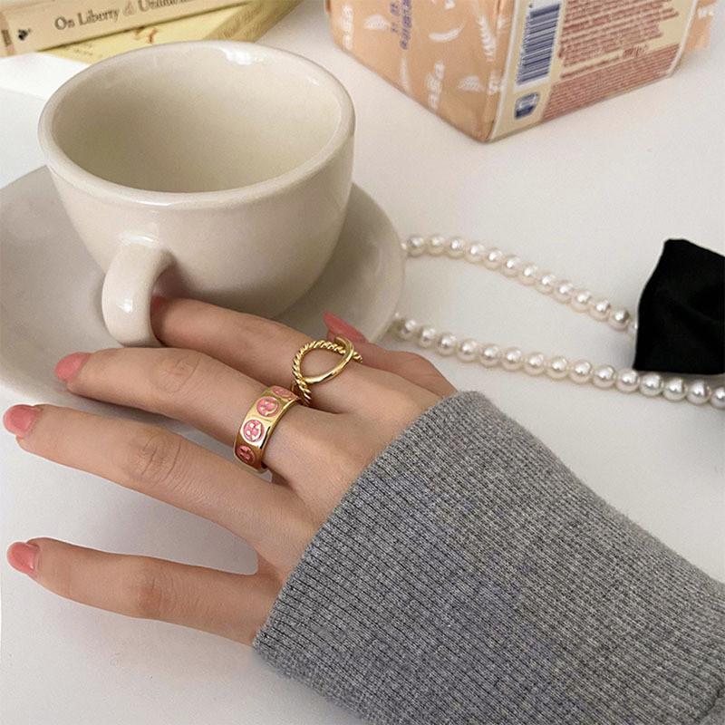 Уникальное винтажное кольцо с розовой глазурью-подтеками и смайликом для женщин, стильное для повседневной носки