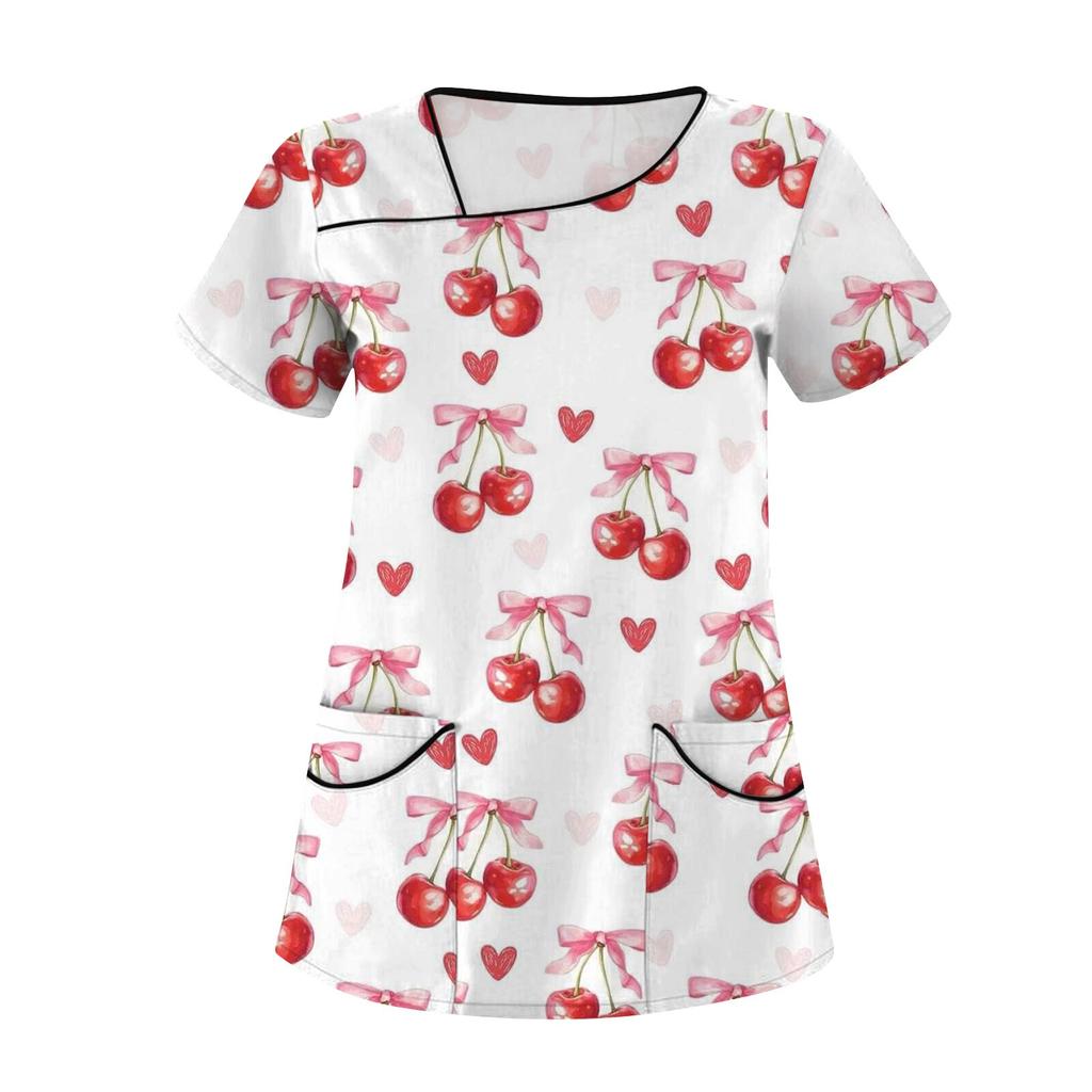 Женская мода с бантом и принтом, короткий рукав, рабочая одежда с двойными карманами