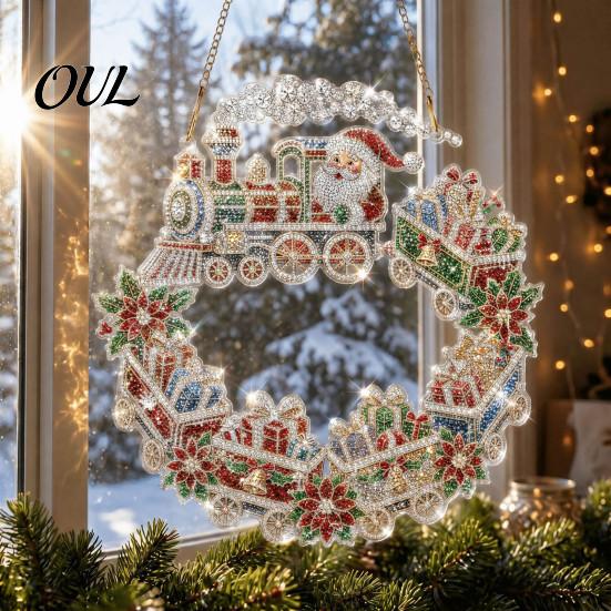 Acrylic Hanging Gift Christmas Faux Diamond Art Suncatcher, 2D Flat Window Ornament, Festive Pendant Beaded Pattern Holiday Decoration for Home, Tree