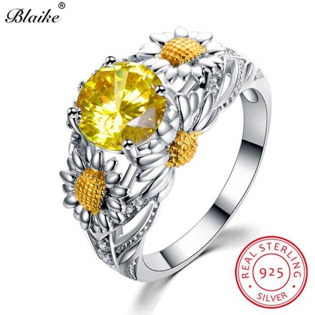 Cute Plant Daisy Ring 925 Sterling Silver Rings For Women White Yellow Topaz Red Ruby Stone Wedding Bands Zircon Engagement Ring