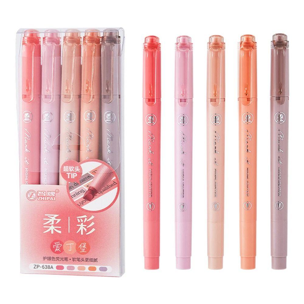 5pcs Pastel Colors Fluorescent Pen Dual Tip Colored Mark Pen Smudge-Proof Drawing Pen Student Use