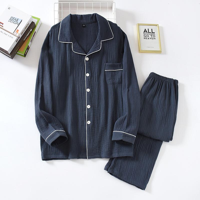 New Spring and Autumn Pure Cotton Crepe Cloth Couple Soft and Breathable Men Long-sleeve Simple Home Service Two Piece Set