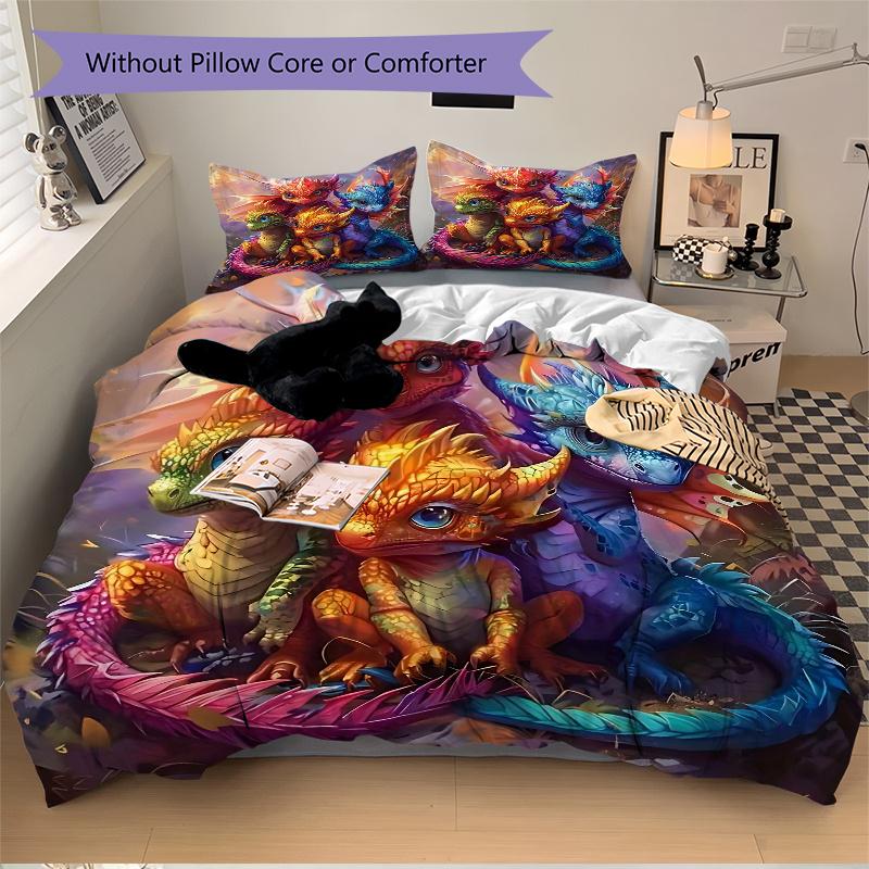 3pcs Anime Dragon Family Bedding Set - Includes One Quilt Cover and Two Pillowcases (No Core) - Polyester Fabric - Perfect for Bedroom and Guest Room