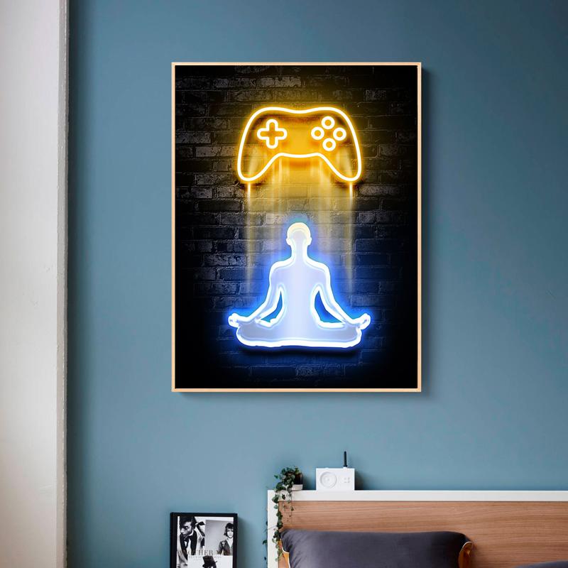 Neon Design Gamepad Game Quote Posters Canvas Painting VR Gaming Girl Wall Art Picture Gamer Boy Room Home Decoration No LED