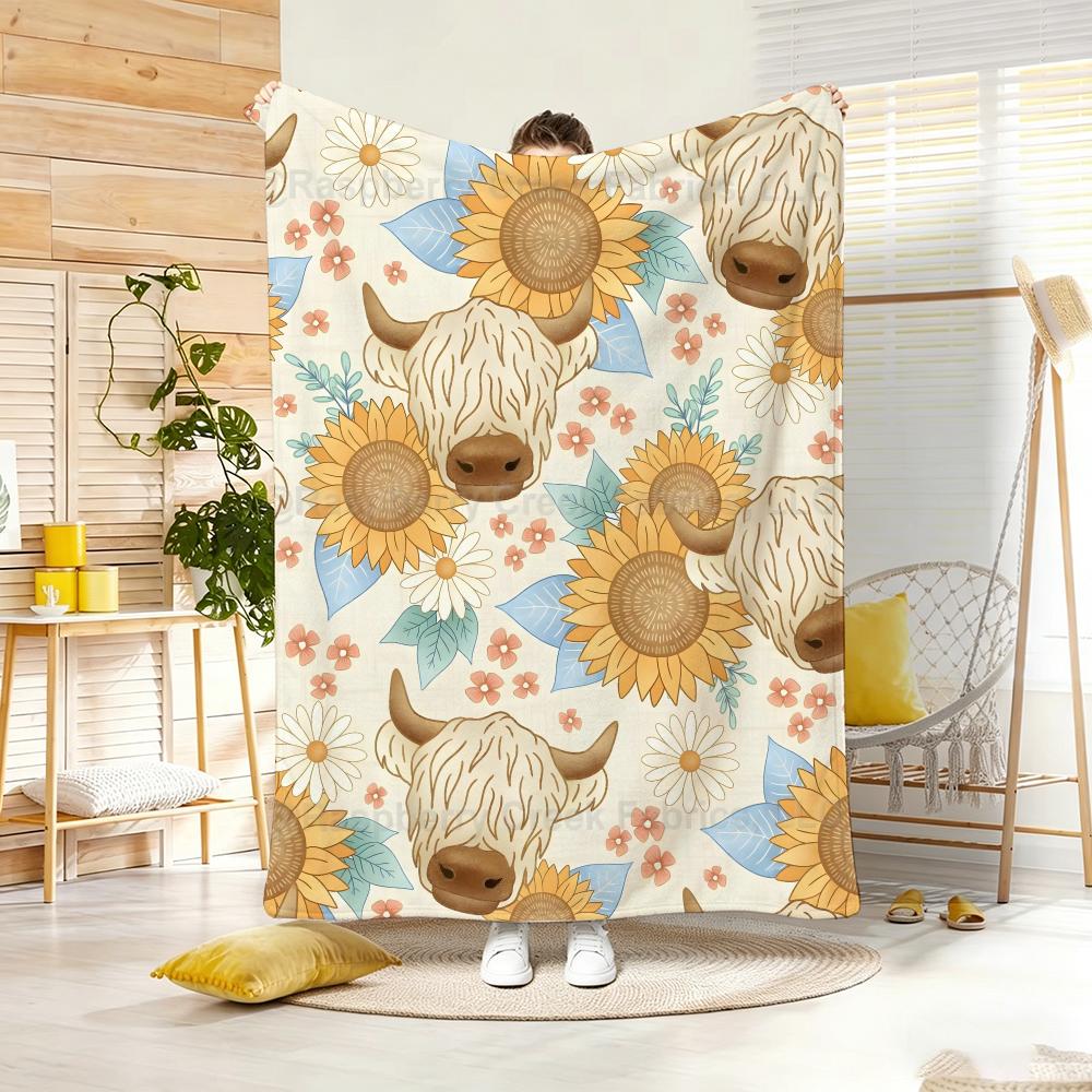 Cute Cartoon Highland Cow Throw Lightweight 240g Flannel Blanket Soft Skin-friendly for Summer Cooling