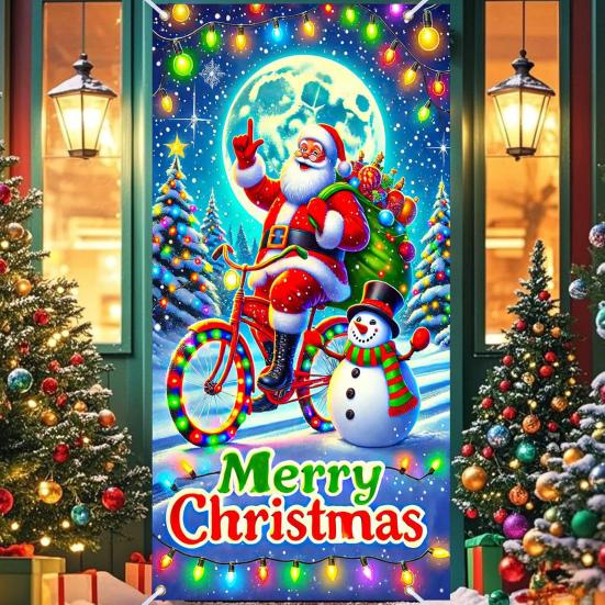 Fluorescent Christmas Door Cover 71x35 Inch Glow In The Dark Door Banner with Santa Tree Gift Box for Winter Front Door Party Wall Decor