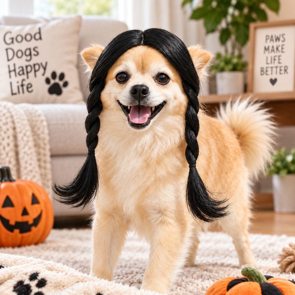 Black Twin Tails Pet Costume Wig Brown Curly Pet Hairpiece Funny Dog Wig Festival Dress-Up