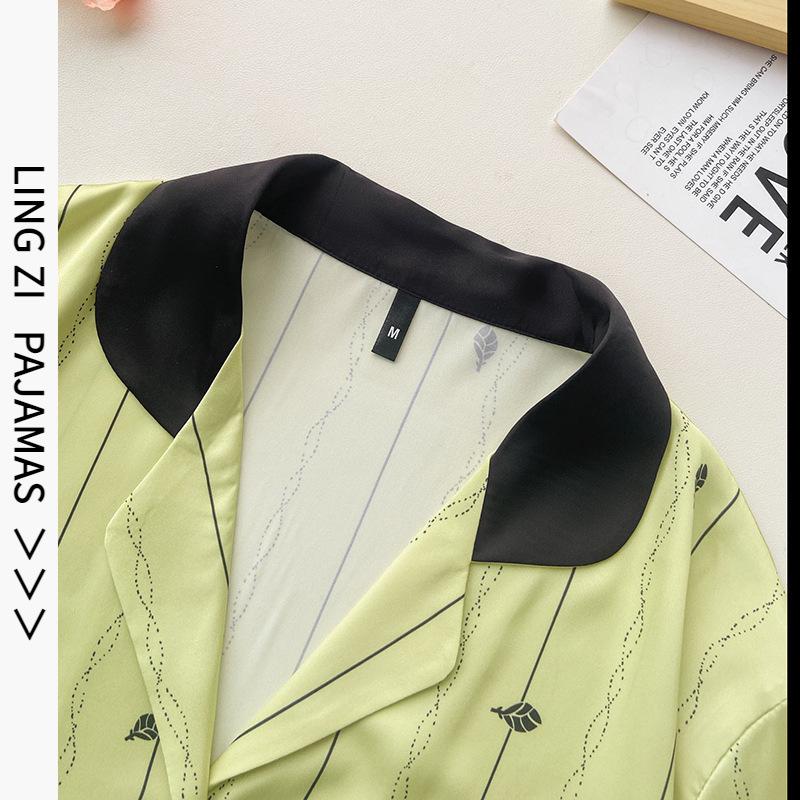 Spring and summer ice silk thin pajamas women's long-sleeved trousers cardigan lapel high-end large-size outer loungewear set