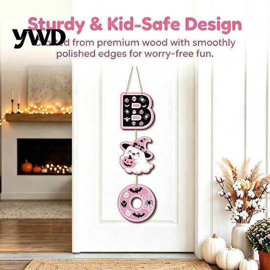 Durable Wood Hanging Sign 3Pcs Cute Halloween BOO Wooden Door Hanger, Ghost Black Cat Vertical Letter Spooky Room Decor Sign, Wall for Front