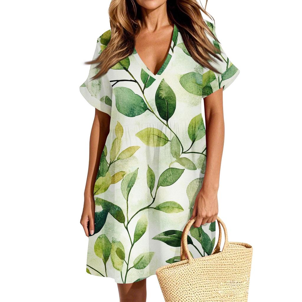 Женское повседневное модное платье с винтажным цветочным принтом и коротким рукавом и V-образным вырезом