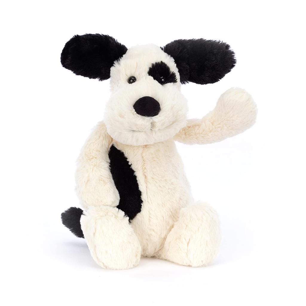 Плюшевая собака Jellycat Bashful Puppy, средняя, сидячая, черная с кремовым, 20 см, и