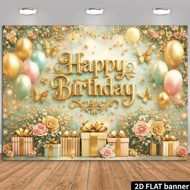 2D Gold Butterfly Floral Happy Birthday Backdrop Banner Photo Booth Background
