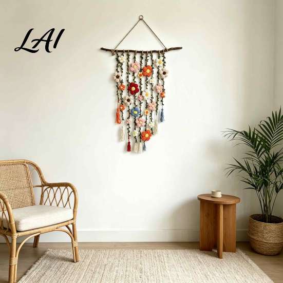 Bohemian Living Room Decor Crochet Flower Garden Wall Hanging Colorful Knitted Tapestry Handmade Boho Handwoven Farmhouse Art for Bedroom