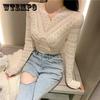 Women Spring Autumn V-neck Lace Bottomed Shirts Female Slim Elastic Long Sleeve Hollow Out Fairy Tops