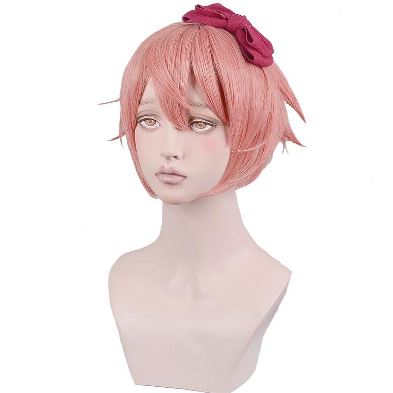 Высококачественный парик для косплея DDLC Doki Doki Literature Club Sayori, короткие розовые термостойкие синтетические волосы, парики в стиле аниме + красный бант