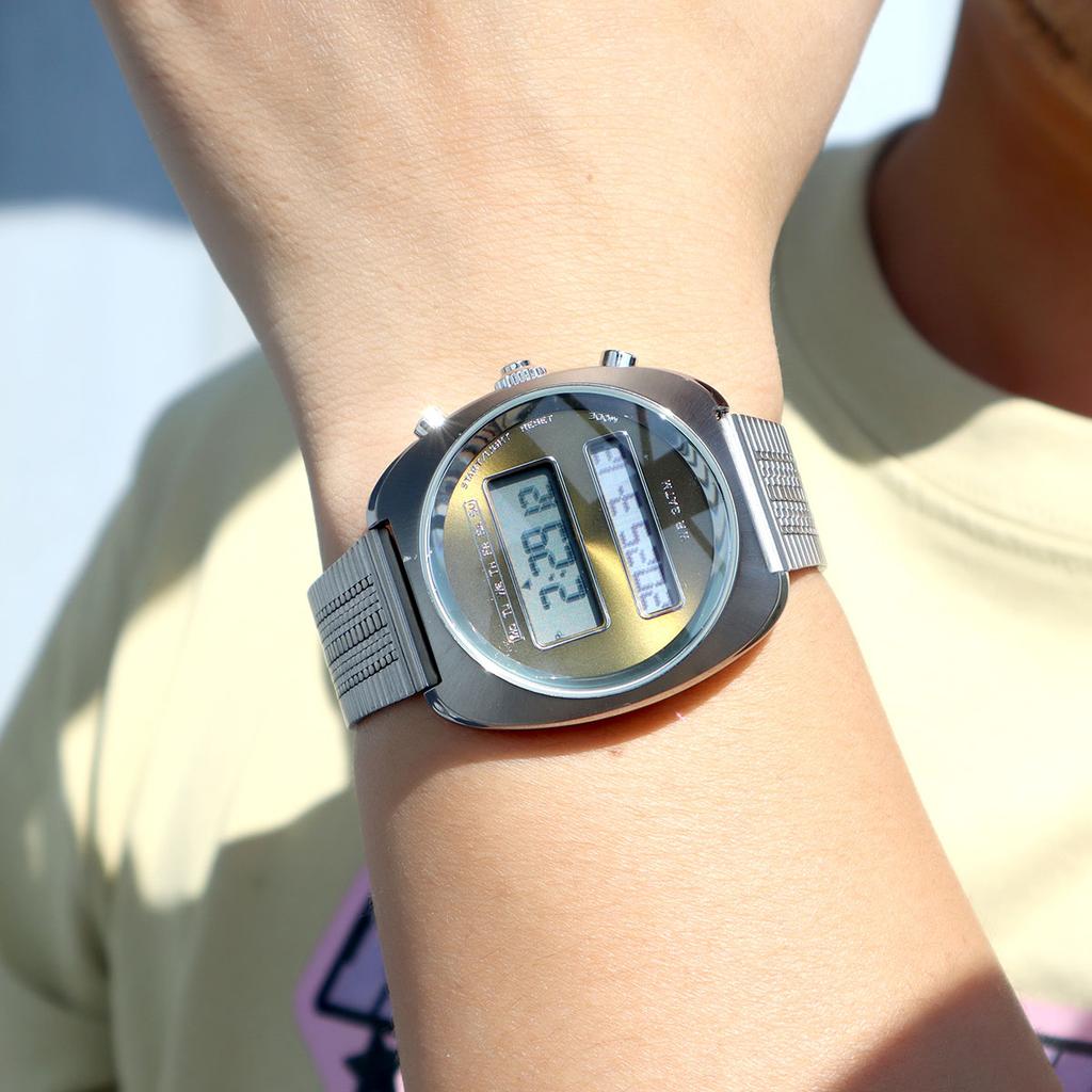 Unisex Retro Fashion Digital Watch with Year Month Date Dual-Screen Luminous Backlight Wristwatch with Stainless Steel Strap Men
