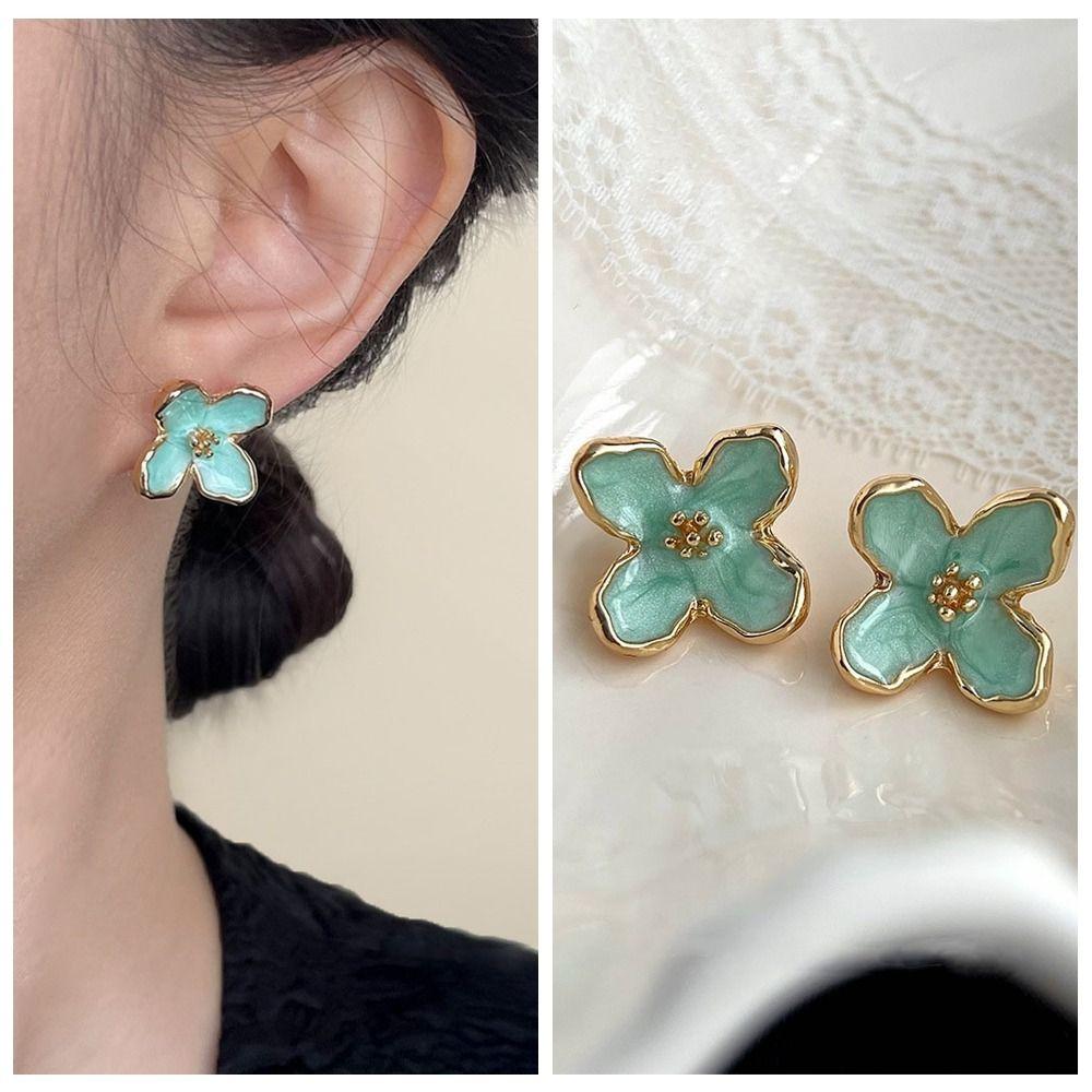 Fashion Mint Green Stud Earrings Temperament Flower Earrings Personality Chic Jewelry  French Style