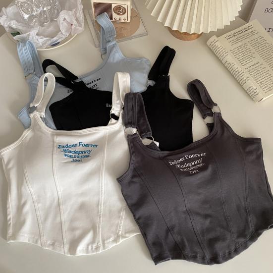 Women Summer Camisole Letter Embroidery Backless Stretchy Solid Color Sleeveless Short Dating Club Prty