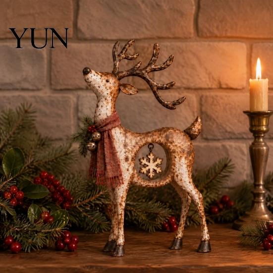 Small Decorative Sculptures for Shelves Rustic Christmas Reindeer Figurine, Resin Statue with Hanging Snowflake, Red Whimsical Winter Holiday