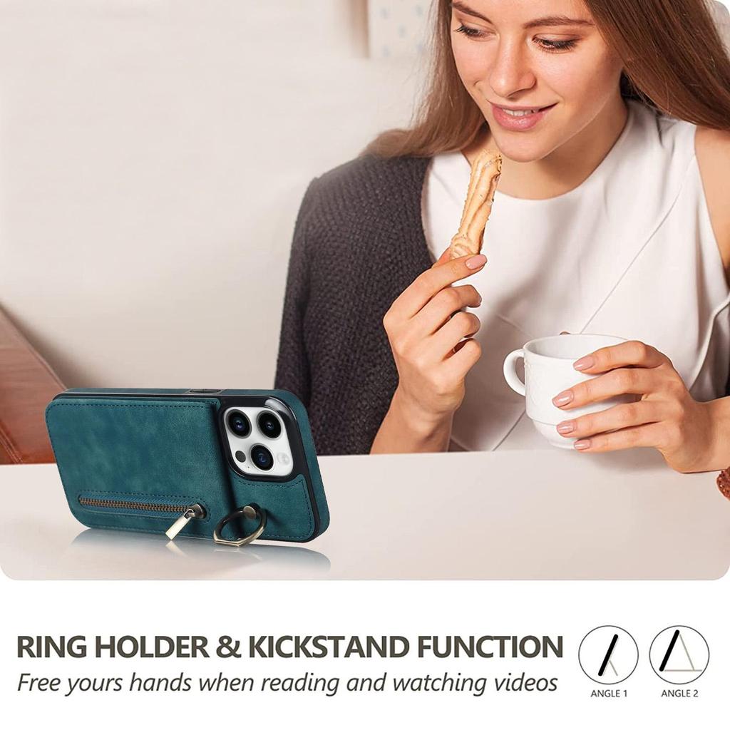 Кожаный чехол-кошелек с держателем для карт с откидным кольцом на 360° и подставкой на молнии для iPhone 15 14 13 12 11 Pro Max XS MAX/Samsung S23 S22 S21 Ultra Plus A13 A14 A53