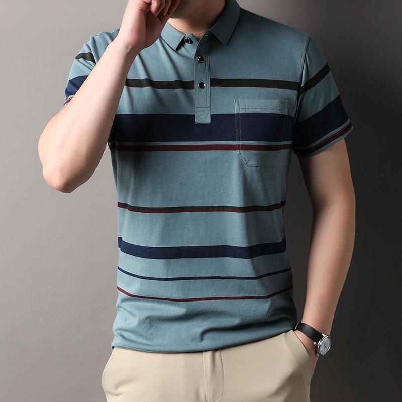 Мужская футболка-поло в полоску с отложным воротником, с короткими рукавами, повседневный свободный топ
