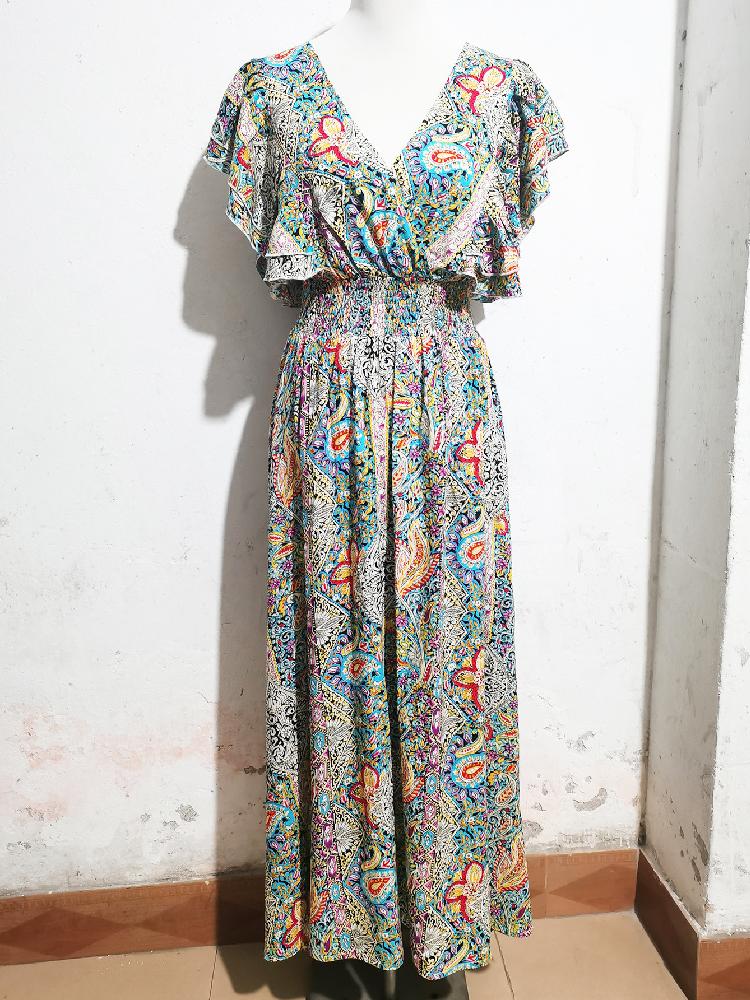 2025 V-образный вырез спинки вискозный набивной оборки короткие рукава разрез платье для женщин