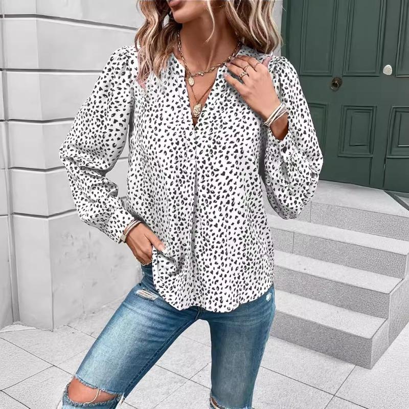 Women's Fashion Casual Spring Fall Polka Dot Print Long Sleeve V-Neck Blouses & Shirts