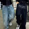 RogueWave Streetwear Y2K Хип-хоп Ретро Синие Свободные Джинсы Харадзюку Джинсы С высокой Посадкой Свободные Брюки с Вышивкой Буквами