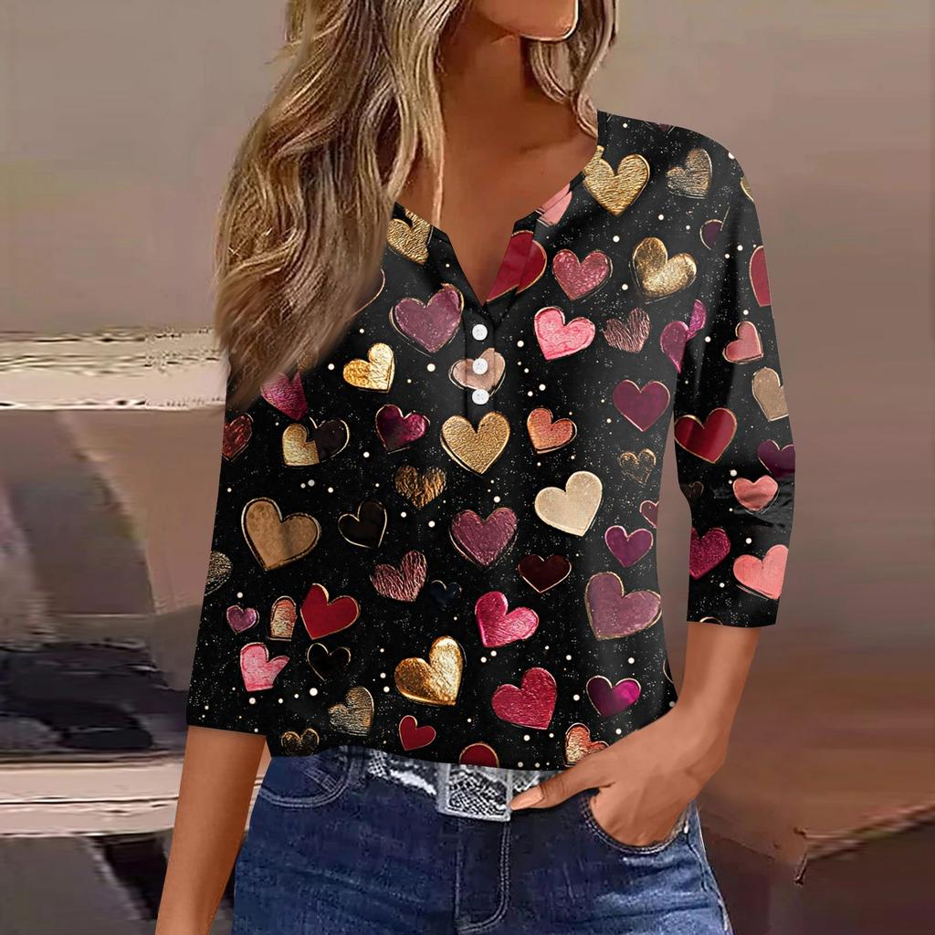 Женская футболка с принтом ко Дню святого Валентина, на пуговицах, рукав 3/4, туника, повседневная мода на выходные, базовый топ с V-образным вырезом
