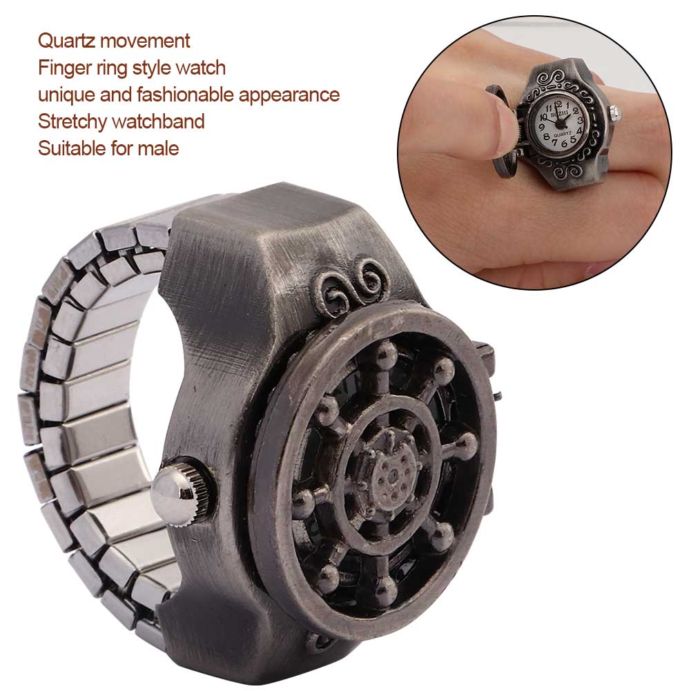 Часы с кольцом на палец, откидная крышка, винтажные полые мужские кварцевые часы с кольцом на палец(черный )