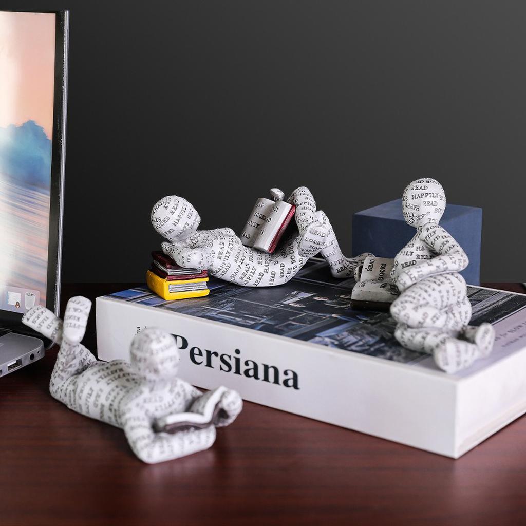 Nordic Book Lover Statue - Reading Person Resin Sculpture for Bookshelf Decor, Study Desk Ornament Minimalist Craft Decor