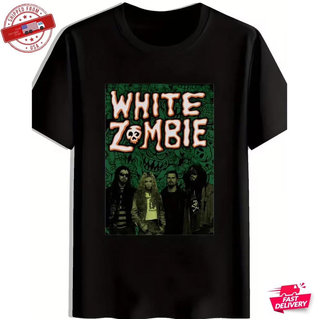 Мужская винтажная белая футболка с графикой группы White Zombie - Ретро-дизайн рок-группы, Черный