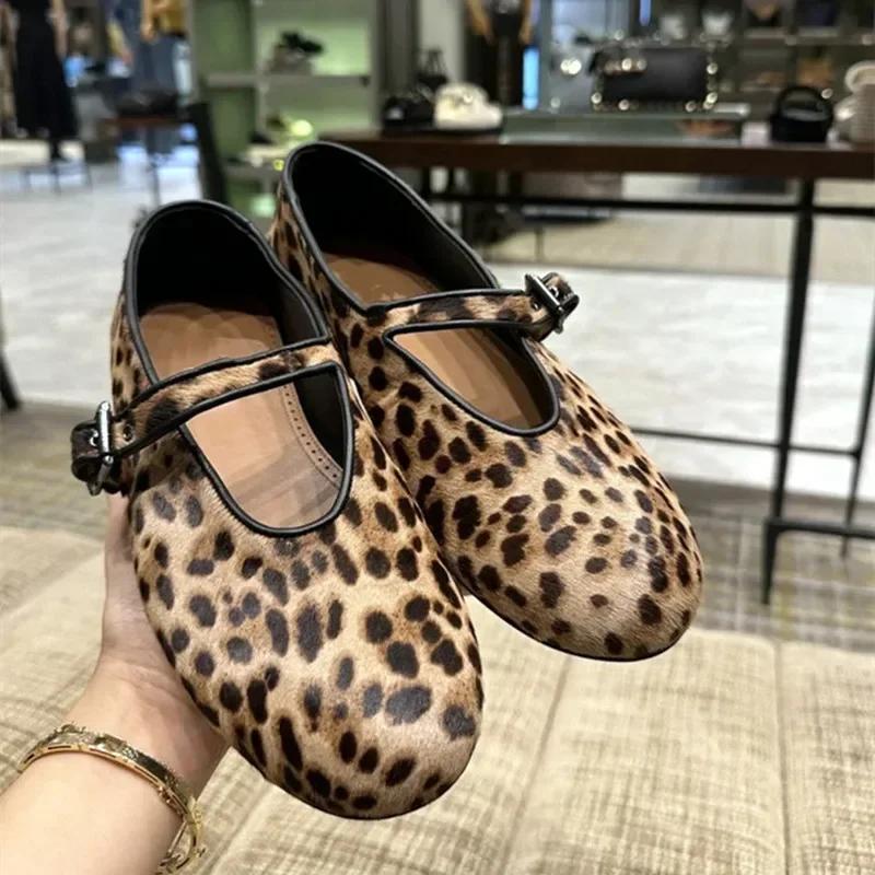 Luxury Brand Designer Leopard Suede Mary Jane Shoes Women Metal Belt Buckle Non-slip Soft Bottom Ballet Shoes Light Cozy Flats