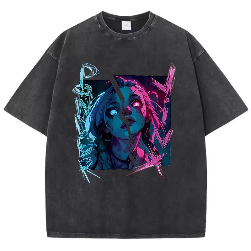 Unisex Arcane Jinx Game Fans Lover Gifts Washed Shirt Harajuku TShirt for Men Women Short Sleeve High Quality Cotton Tees