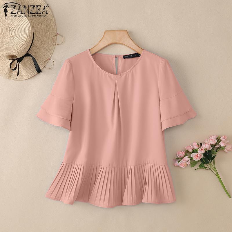 ZANZEA Женская повседневная однотонная блузка с круглым вырезом и коротким рукавом