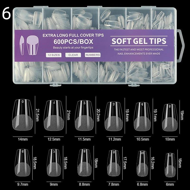 600 шт. Короткие миндалевидные типсы из мягкого геля, полное покрытие, накладные ногти для акрилового маникюра, салон, дом, накладные ногти
