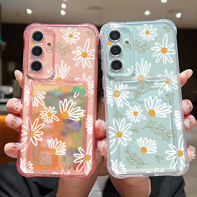 Чехол-карман с отделениями для карт для Samsung Galaxy A56 A55 A25 A16 A15 A36 5G S25 Edge S24 Ultra S23 S24 FE Мультяшный Белый Цветок ТПУ Чехол