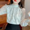 Thin Tops Loose Clothes Blusas 2023 Autumn  Elegant Stand Collar Long Sleeve Shirt Sweet Floral Print Chiffon Blouse 28950
