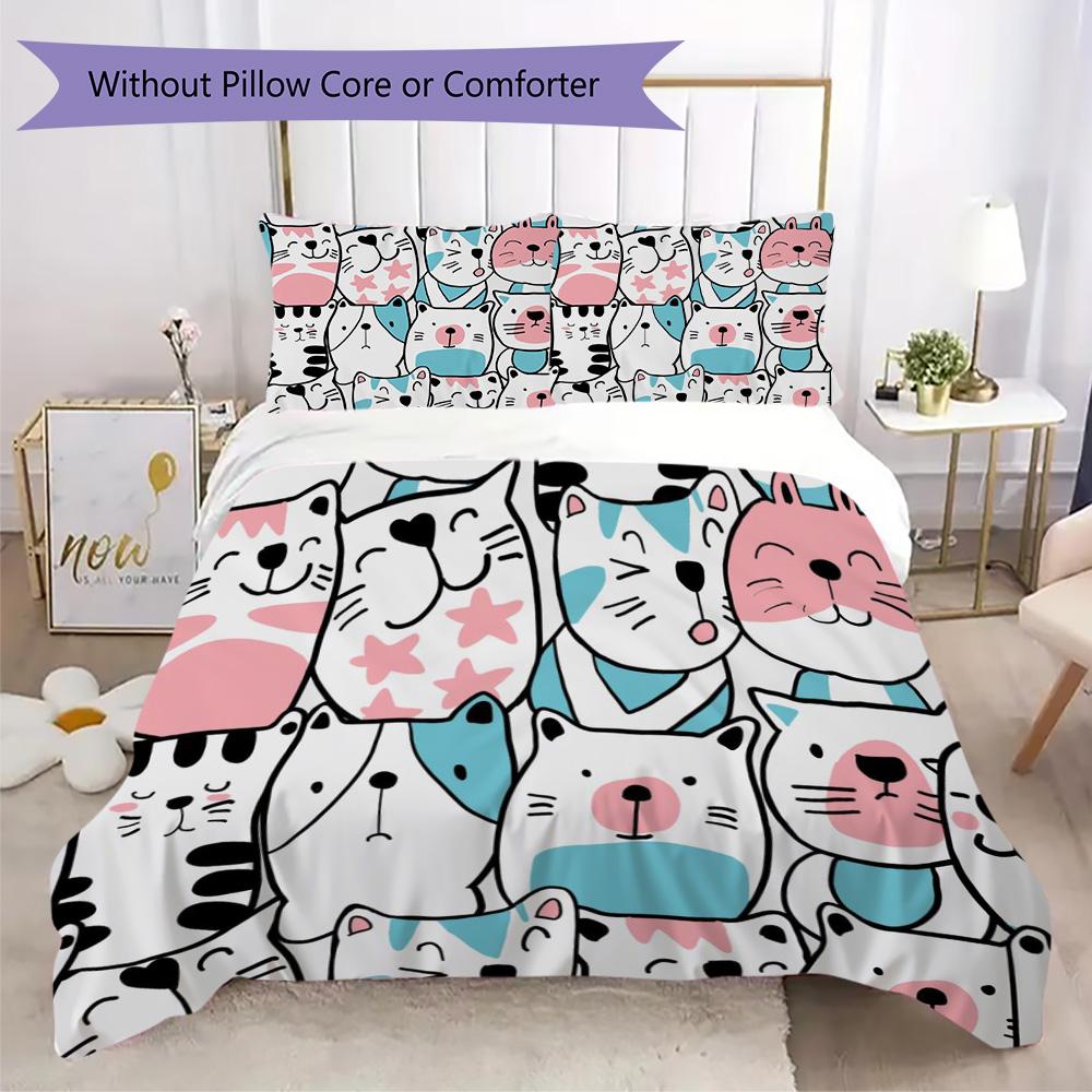 Cozy Cute Cartoon Cat & Animal Print Pattern Bedding,Quilt Set Quilt Cover Pillowcase Home Birthday Gift (1*duvet cover+2*pillowcase,without core)ZSJT