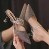 Women's Rhinestone Stiletto Sandals: Versatile Pointed-Toe, Mid-Heel, Two-Way Wear for 2024 Spring/Summer.
